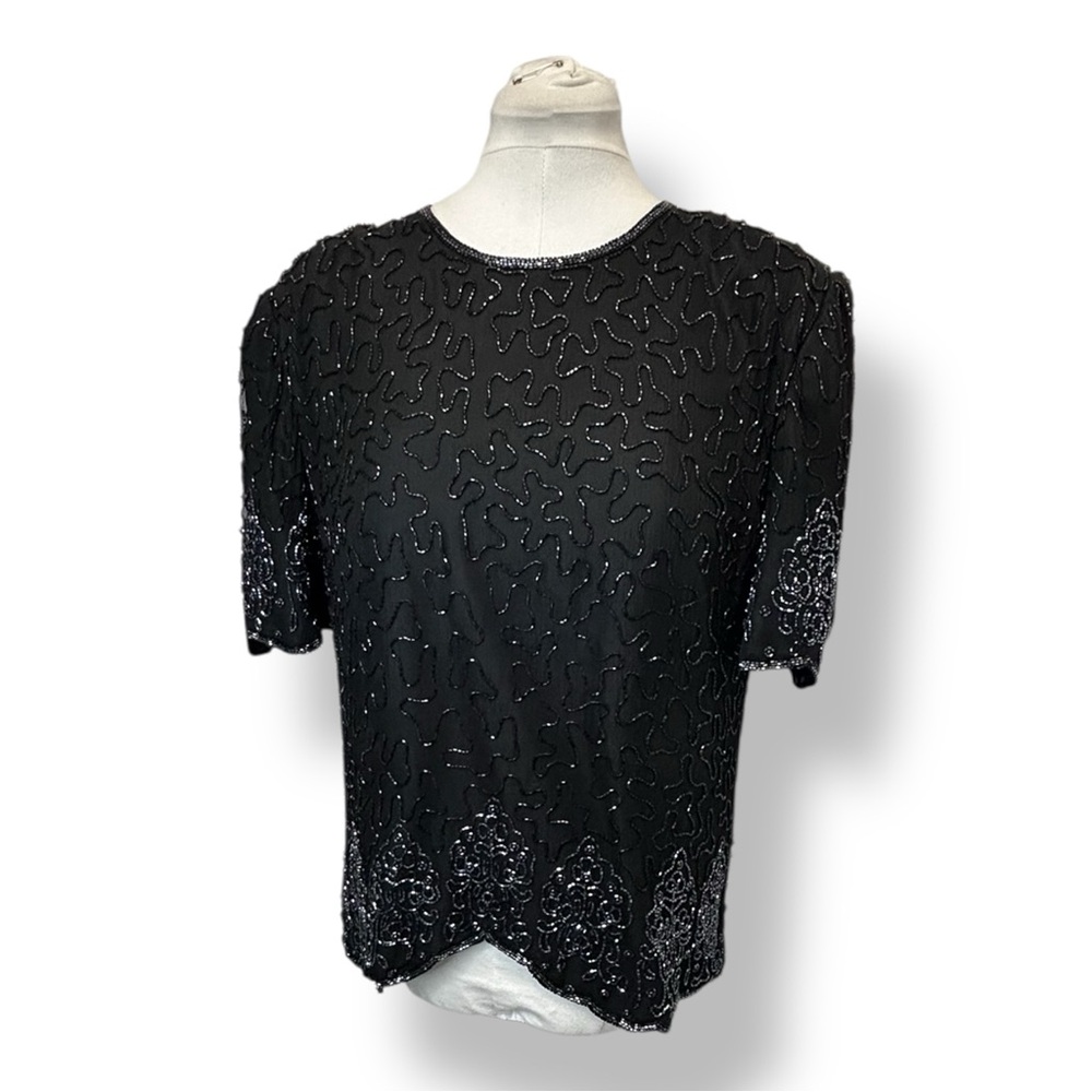 Scala Women’s Beaded Short Sleeve Dressy Top VTG 80s Nylon Black XXL